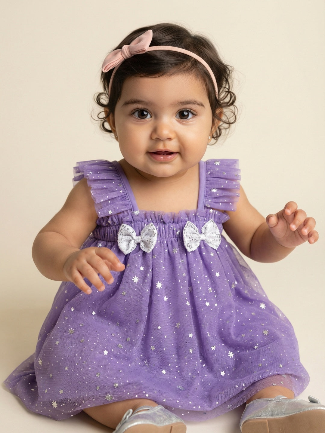 Nautinati Baby Girls' A-line Holographic All-over Star Foil Print Mesh Party Dress with Sequinned Bow
