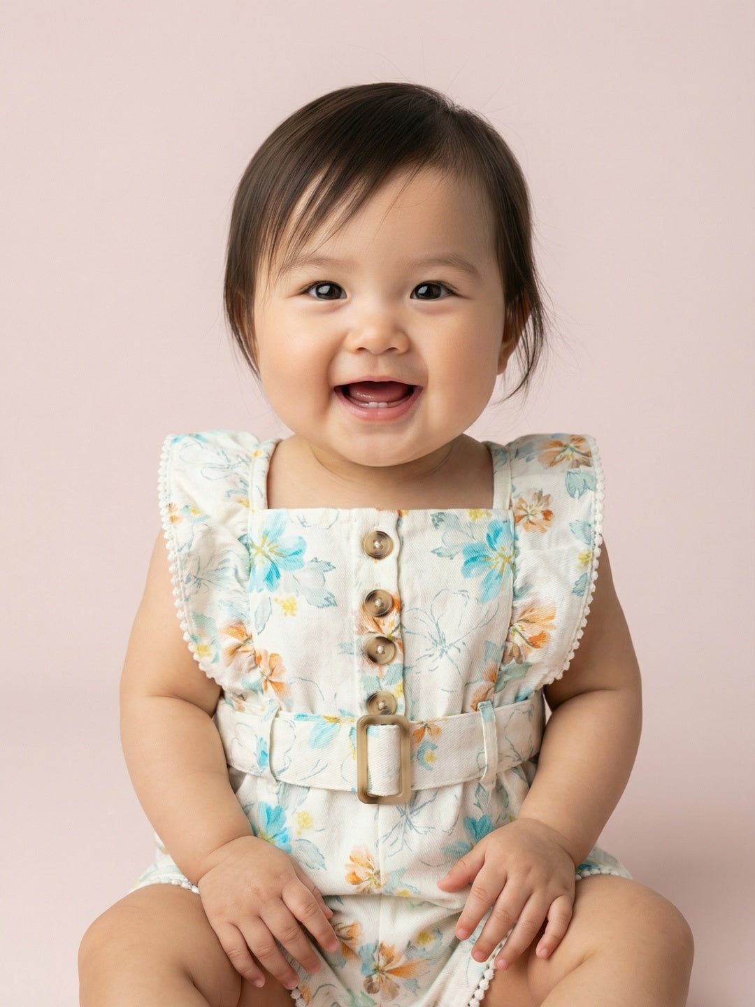 Nautinati Girls' 100% Cotton All-over Floral Print Jumpsuit with Mock Belt