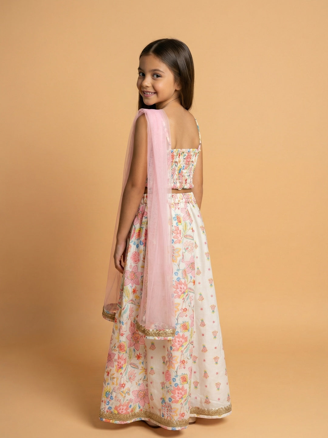 Nautinati Girls' Cotton Blend Woven Festive Floral Print Lehenga & Choli Set