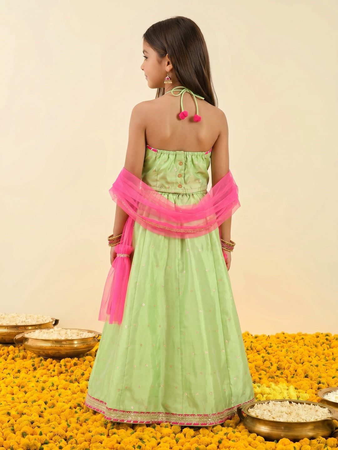 Nautinati Girls' All-over Gold Print Lehenga Choli Set with Net Dupatta & Gotta Patti Details