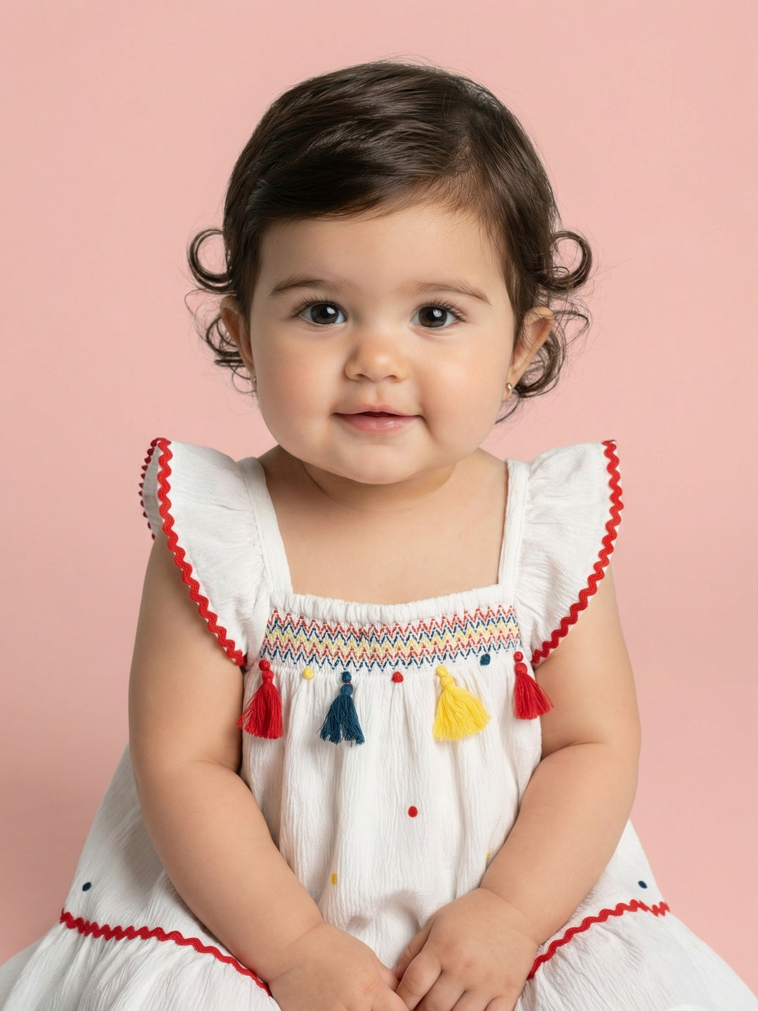 Nautinati Girls' A-line Polka Dot Embroidered Dress with Multicolour Tassels & Smocked Neck