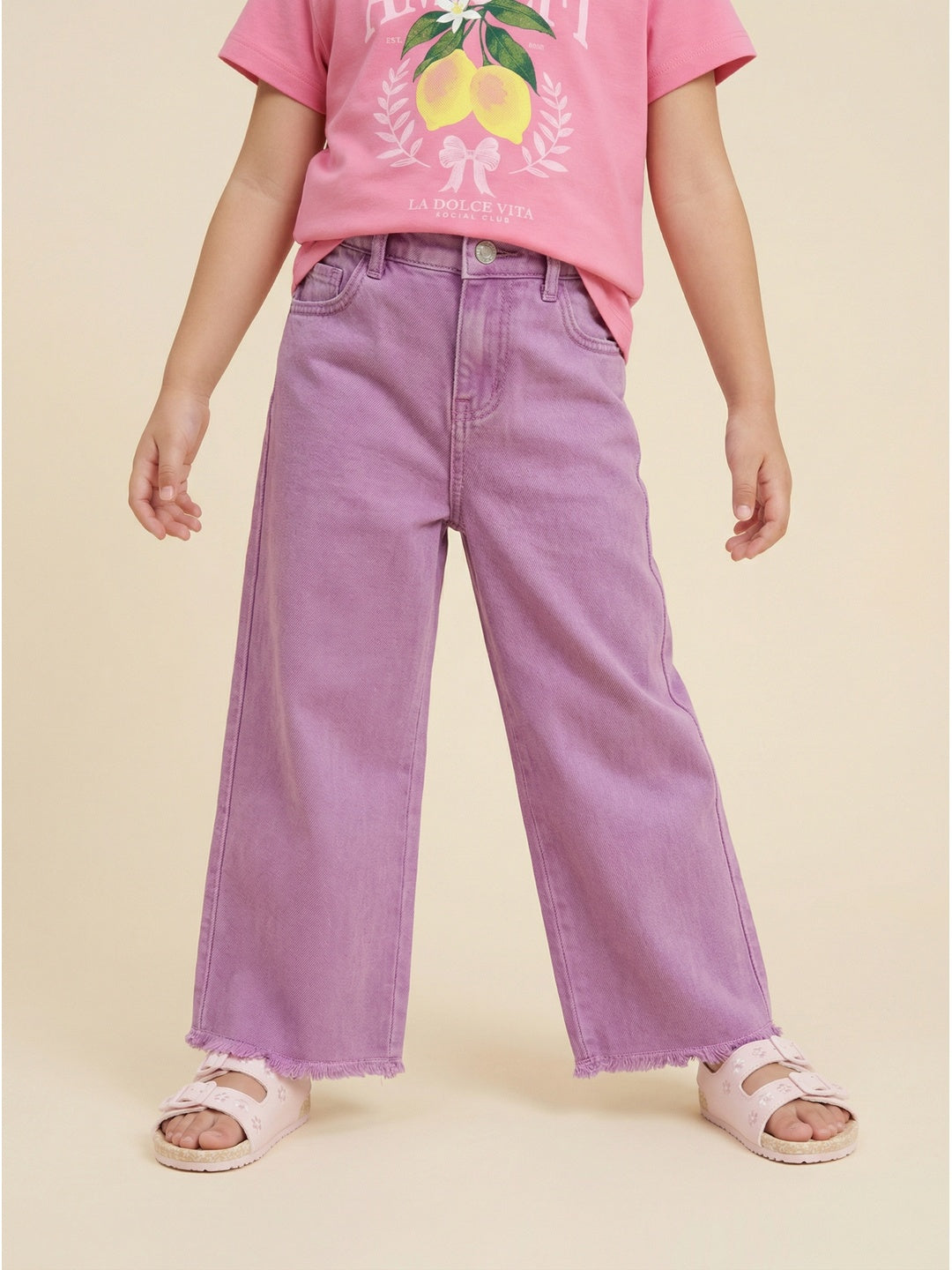 Nautinati  Girls' 100% Cotton Purple Overdyed Wide-leg Essentials Jeans