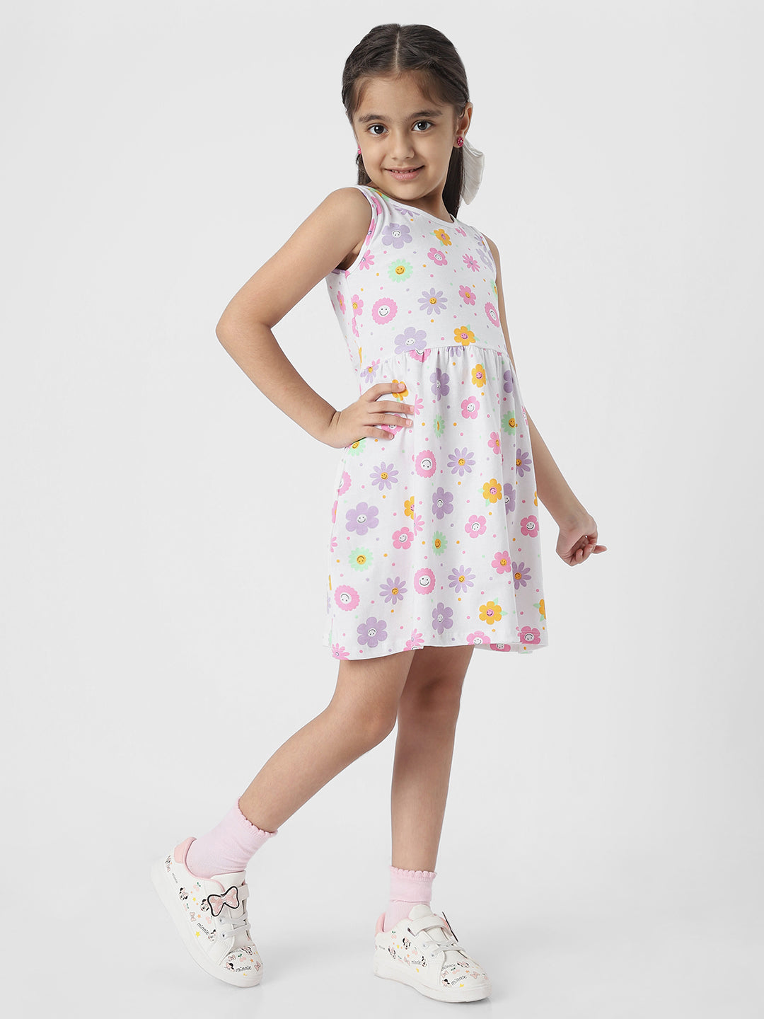 Nauti Nati Digital Girls Printed Sleeveless Round Neck Pure Cotton Casual Dress