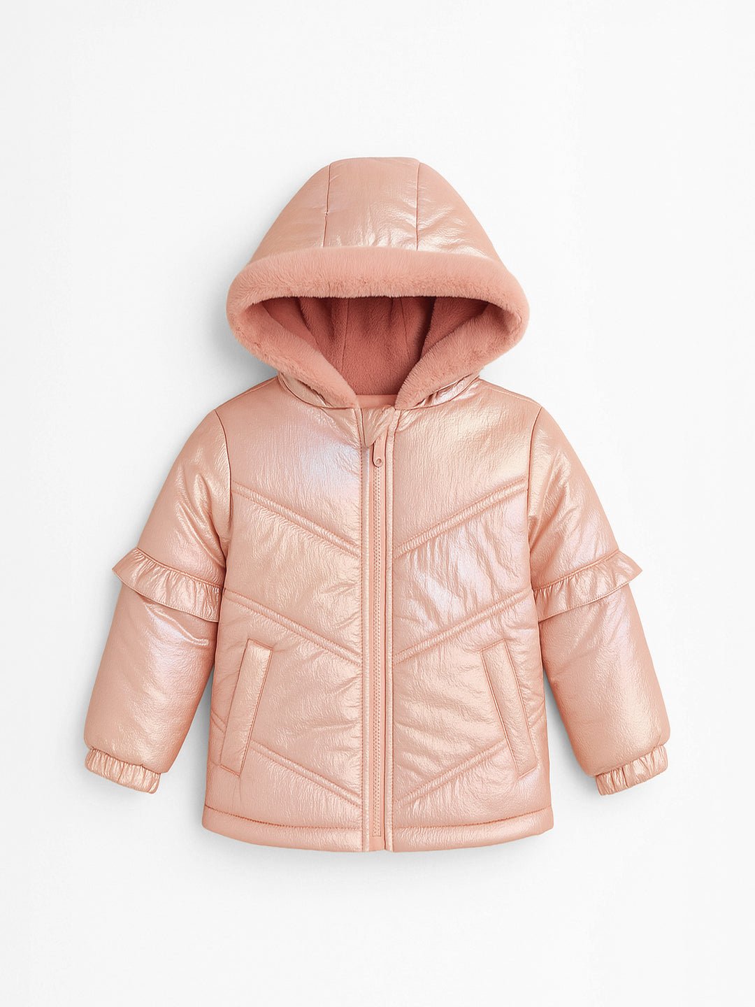 Nautinati Metallic Quilted Holographic Puffer Jacket With Fur Hood for Girls