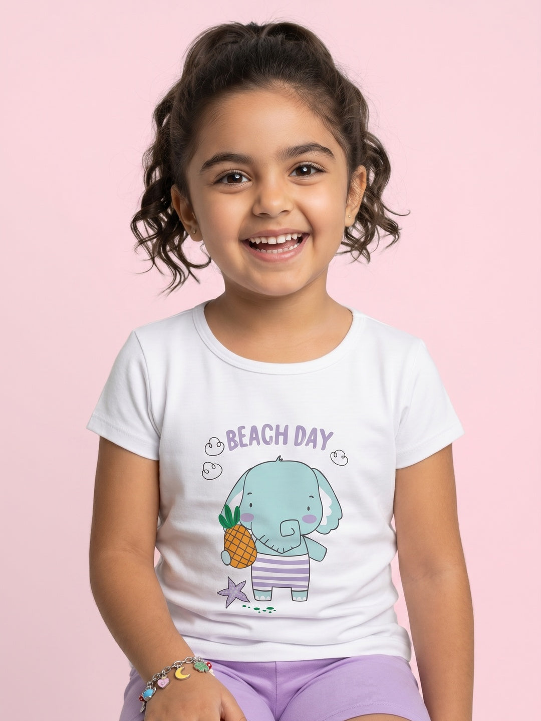 Nautinati Girls' Cotton Cute Elephant Printed T-shirt and Biker Shorts Co-ord Set