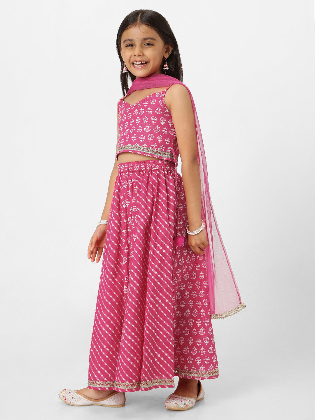 Nautinati Girls' Printed Sleeveless Pink Lehenga Set with Dupatta