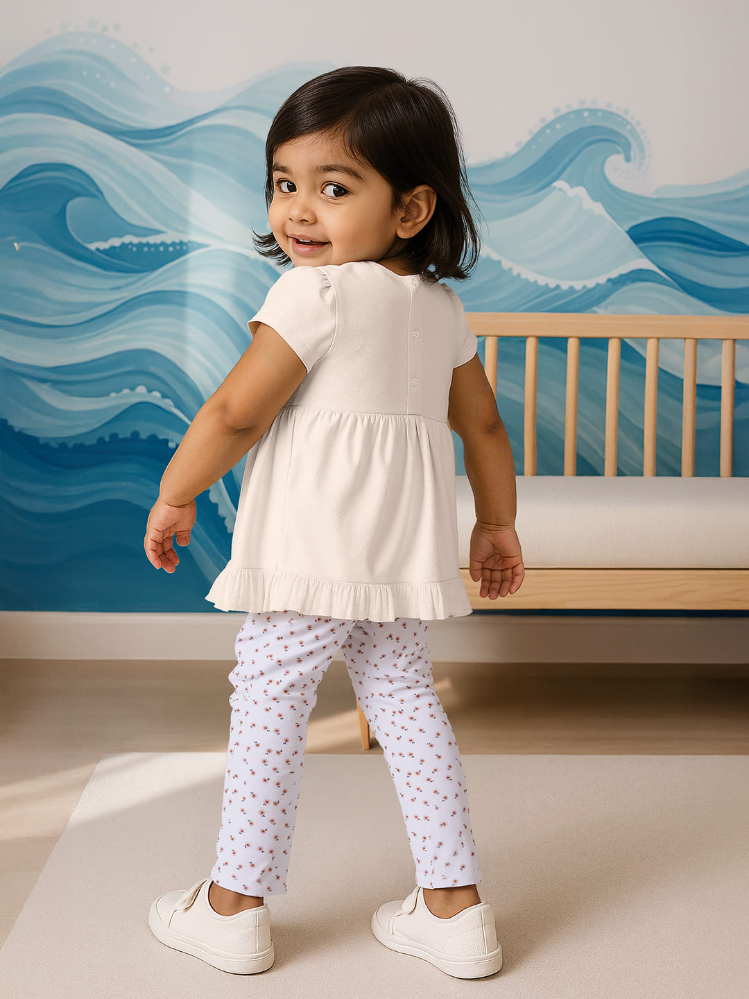 Nautinati Embroidered Cream Top And Floral White Leggings Set For Infant Girls