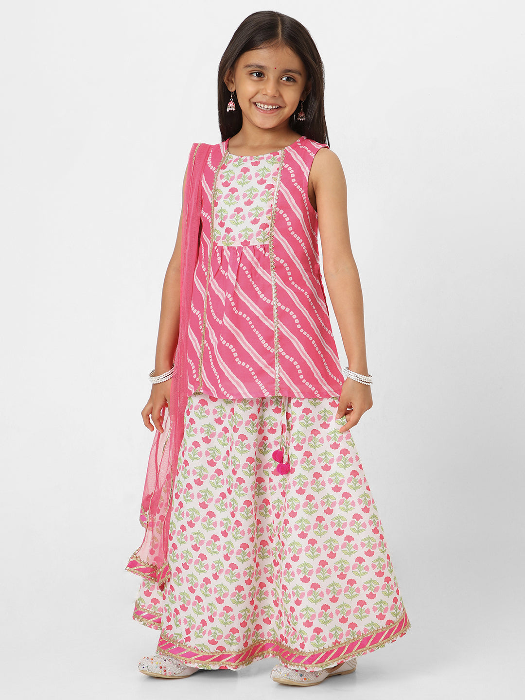 Nautinati Girls' Printed Sleeveless Kurta Set with Dupatta