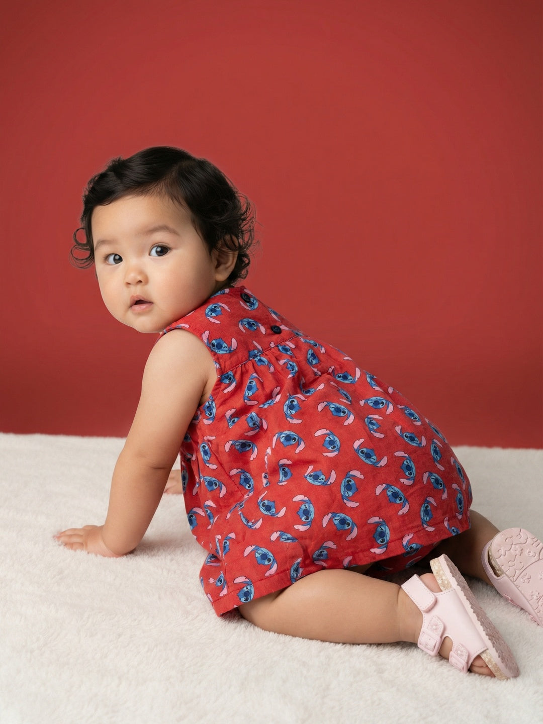 Nautinati Baby Girls' 100% Cotton All-over Disney Lilo & Stitch Print A-line Frilled Dress