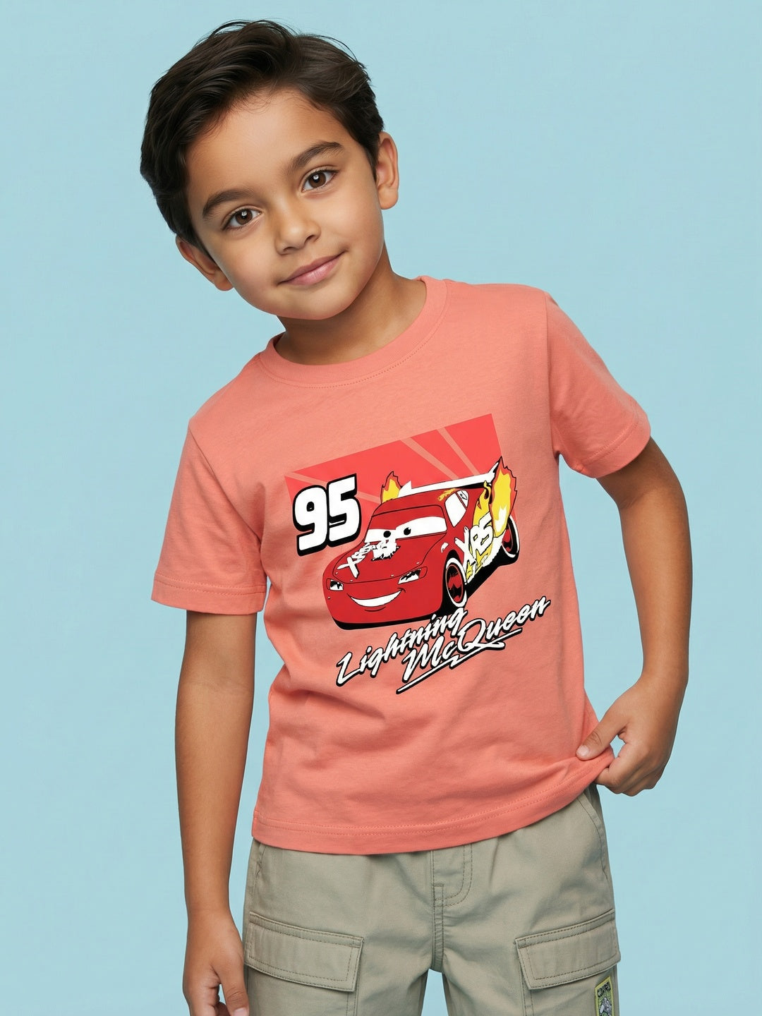 Nautinati Boys' 100% Cotton Crew Neck Disney Cars Placement Print T-shirt