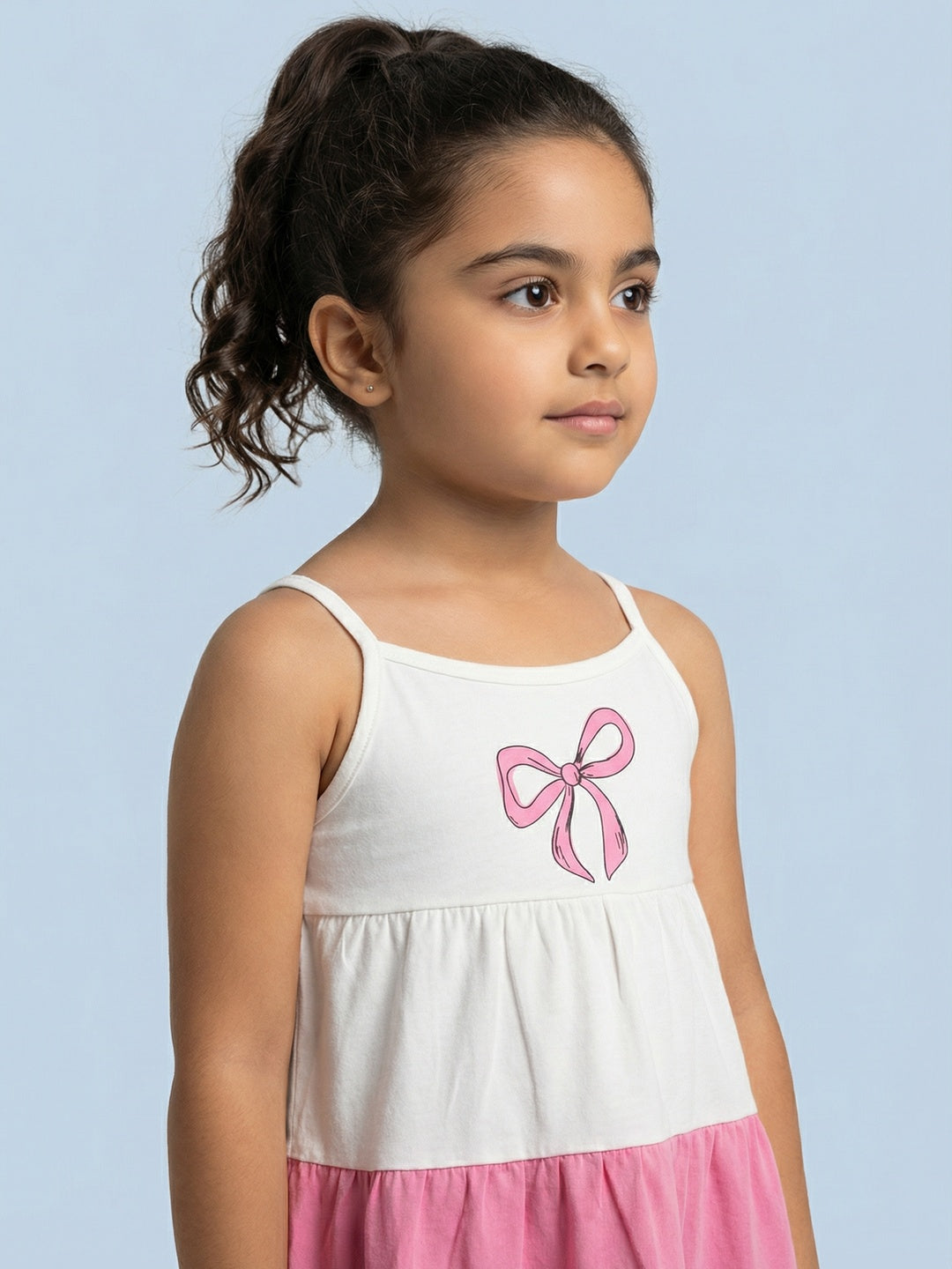 Nautinati Girls' 100% Cotton Tiered Dress with Colourblock & Ribbon Graphic Print