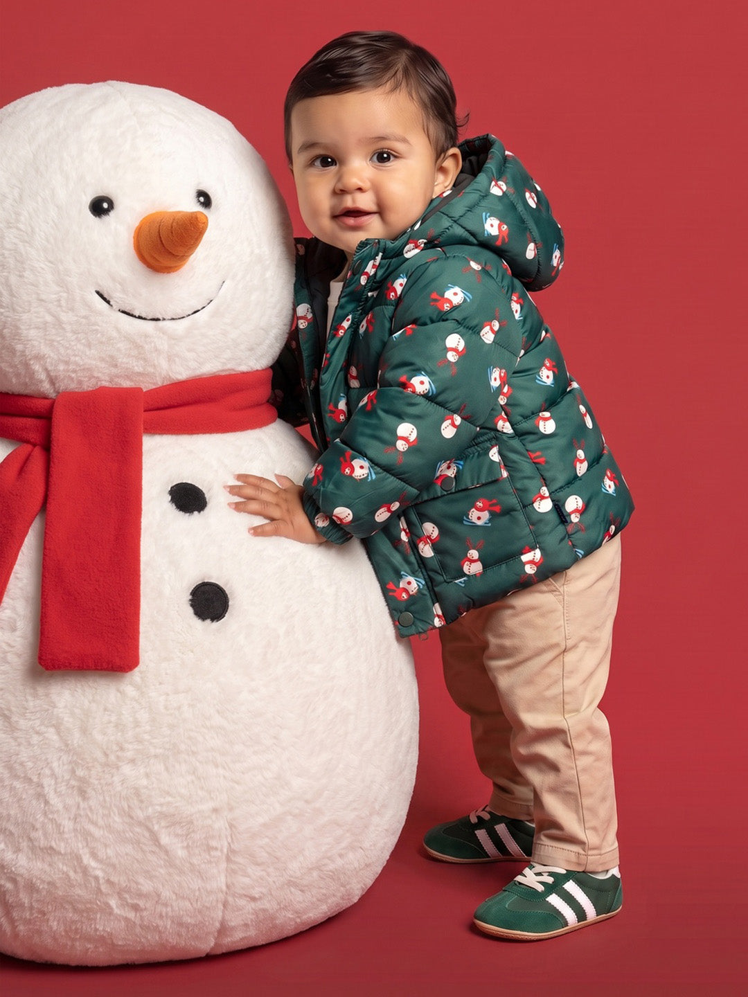 Nautinati Baby Boys Hooded Snowman Printed Puffer Jacket with Front Zip, Regular Fit