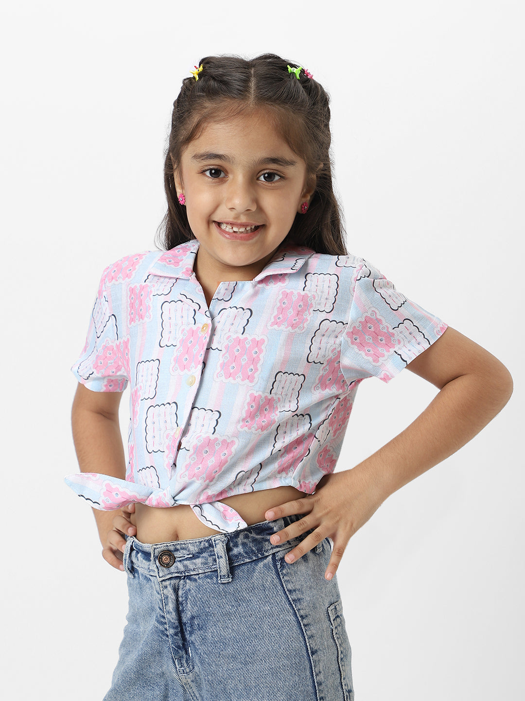 Nautinati Girlsâ€™ Pink And Blue Cotton Geometric Printed Everyday Wear Crop Shirt With Tie-Up Detail