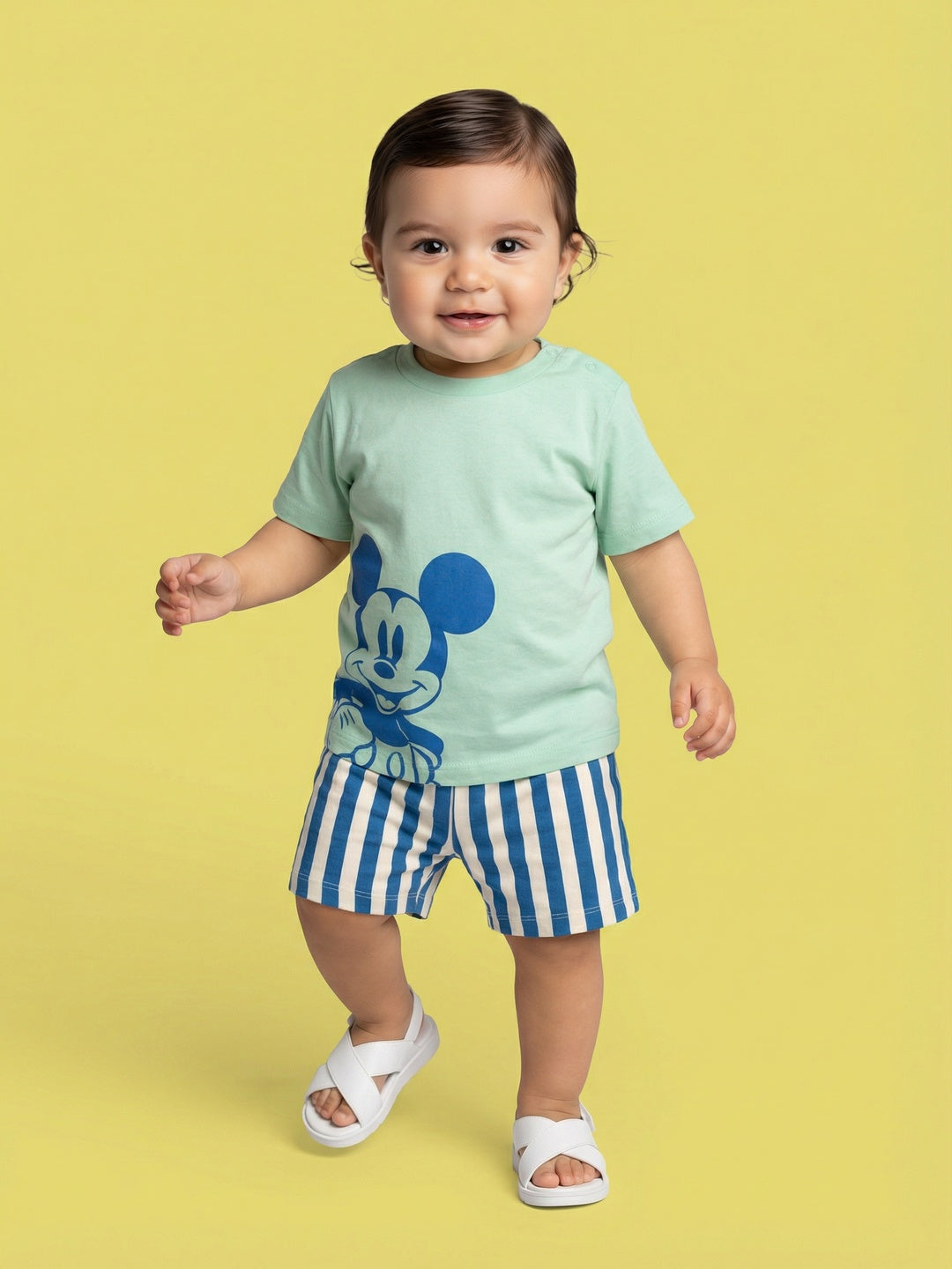 Nautinati Baby Boys Mickey Mouse Printed Regular Fit Round Neck T-shirt and Stripped Shorts Co-ord Set