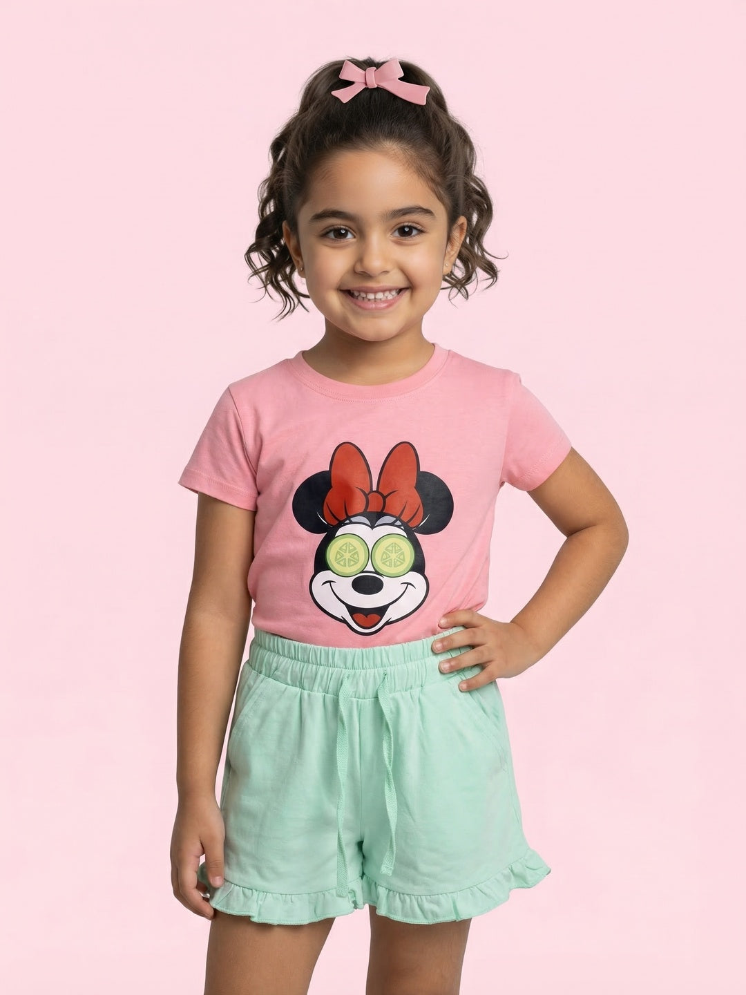 Nautinati Girls' 100% Cotton Disney Minnie Mouse Printed T-shirt and Shorts Night Suit Set