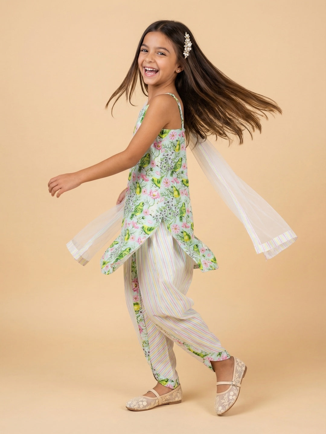 Nautinati Girls' Cotton Blend Festive Chintz Floral Kurti with Striped Dhoti Pants