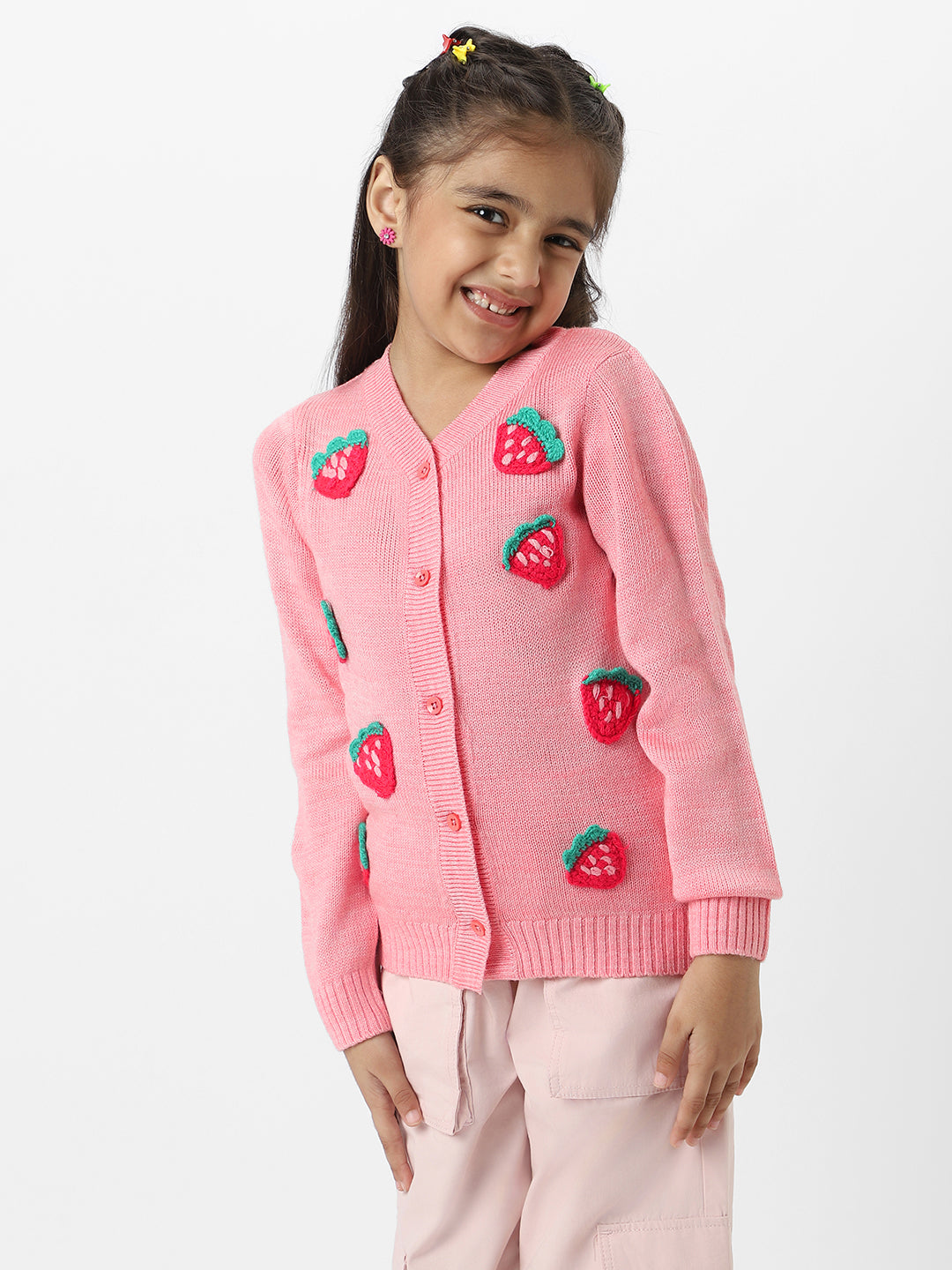 Nautinati Girls Peach Strawberries Embroidered Full Sleeves Acrylic Cardigan Sweater