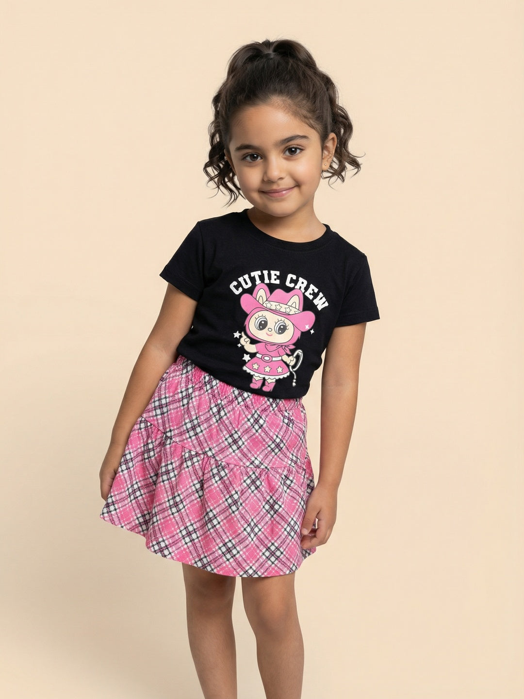 Nautinati Girls Varsity Graphic Cotton Regular Fit Crew Neck T-shirt and All Over Print Crepe Skirt Clothing Set