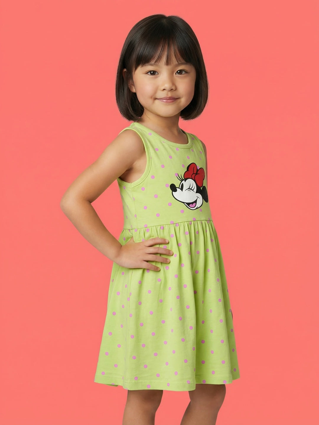 Nautinati Girls' 100% Cotton Disney Minnie Mouse Placement Print & Polka Dot Print Dress