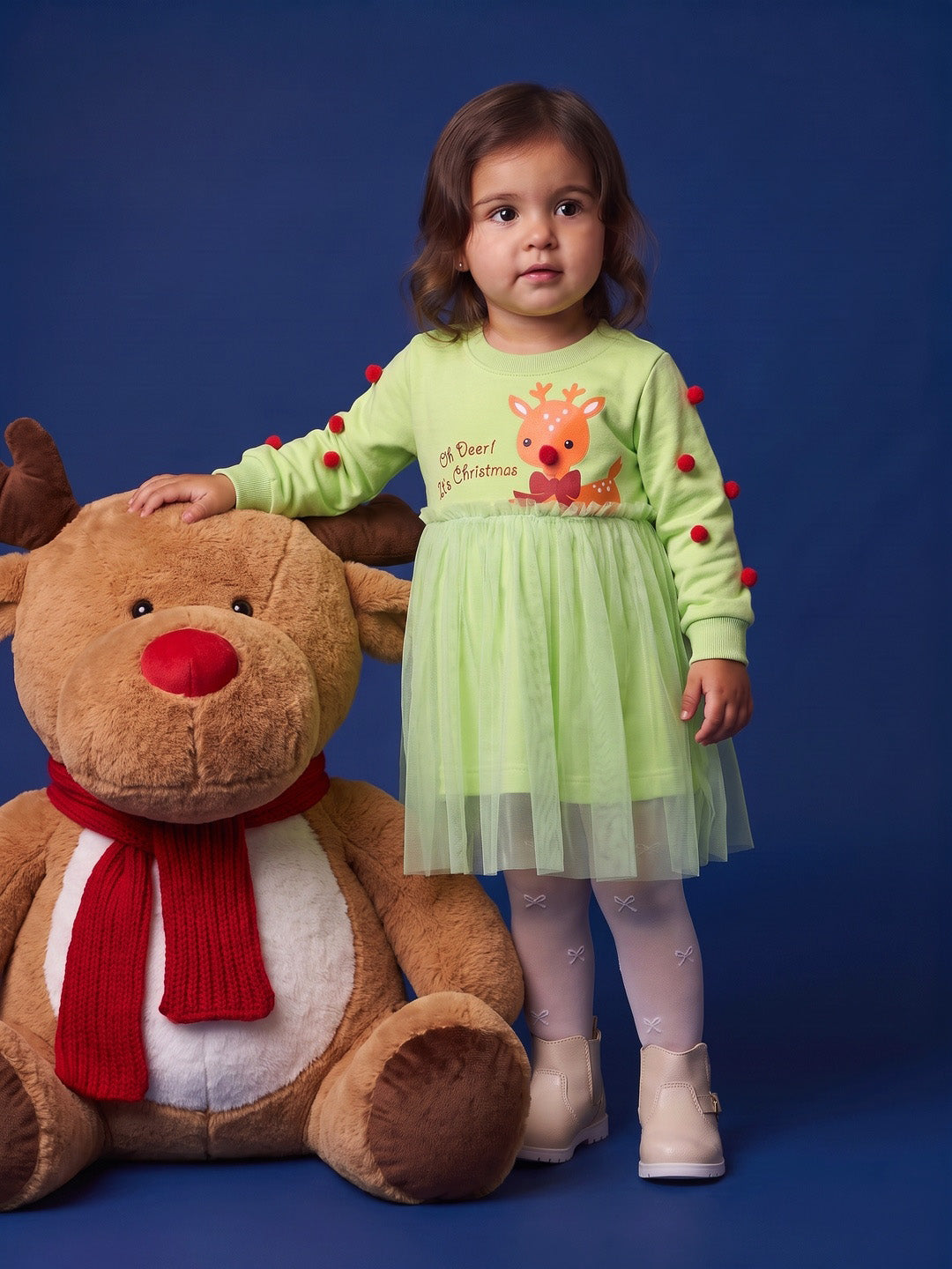 Nautinati Baby Girls Christmas Reindeer Sweatshirt Frock with Pom Pom Applique Sleeves