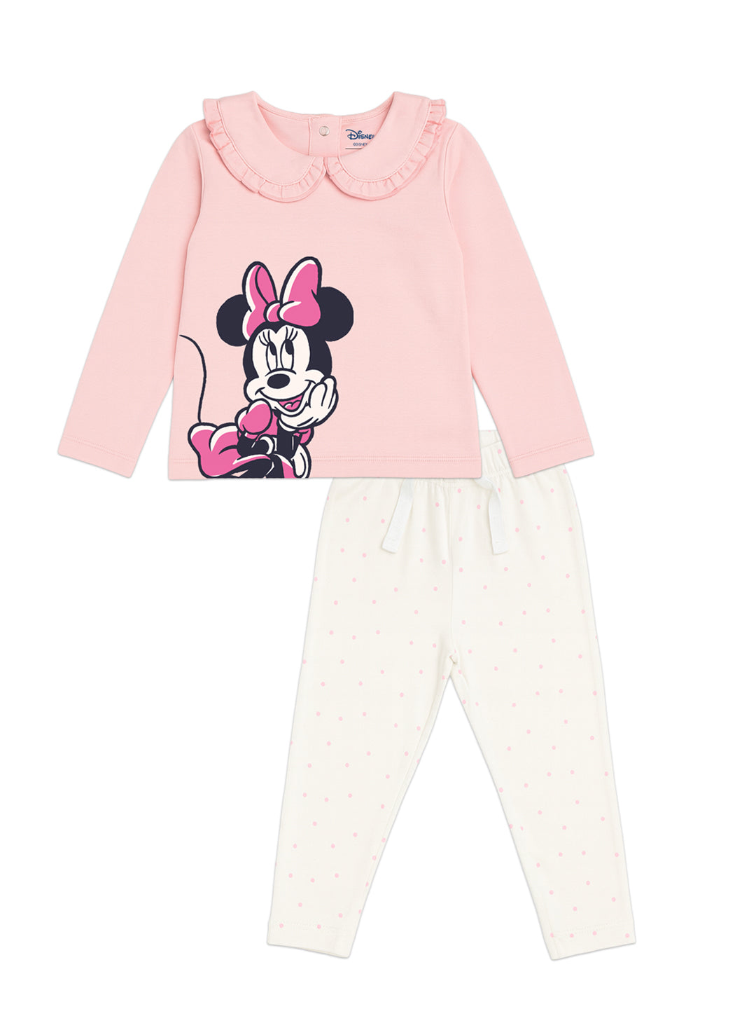 Nautinati Baby Pink Minnie Mouse Printed Top And White Polka Dot Leggings For Girls