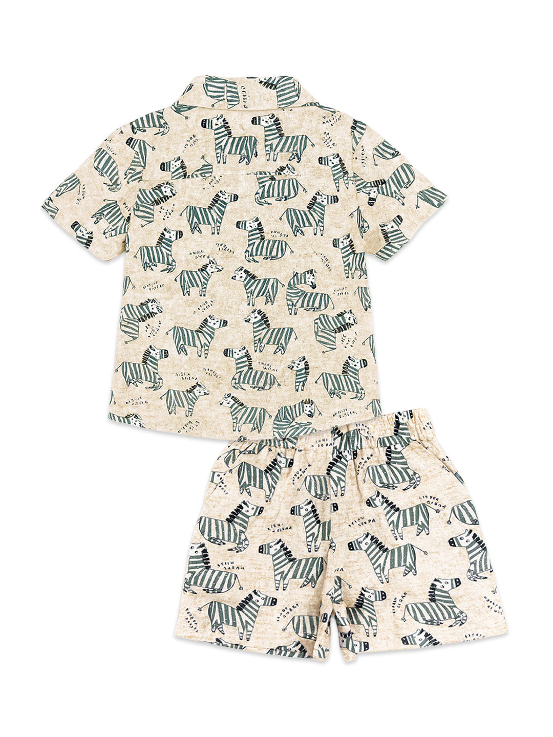 Nautinati Green & Cream Zebra Print Cotton Shirt And Shorts Set For Boys