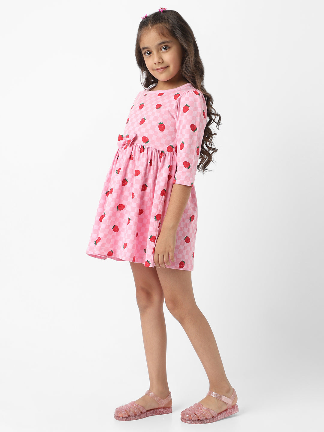 Nautinati Girls Pink Jersey Cotton Strawberry Print Dress