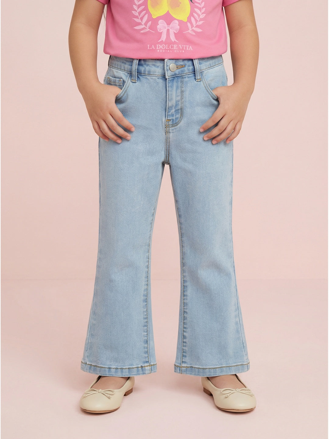 Nautinati  Girls' 100% Cotton Stretchable Bootcut Ice-blue Wash Essentials Jeans
