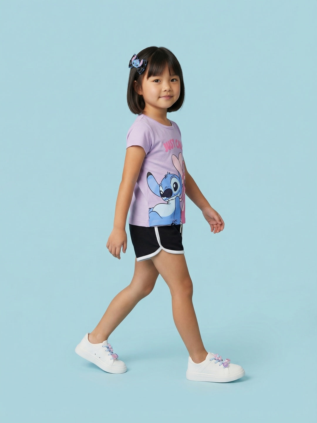 Nautinati Girls Lilo & Stitch Printed Regular Fit Round Neck T-shirt and Shorts Set