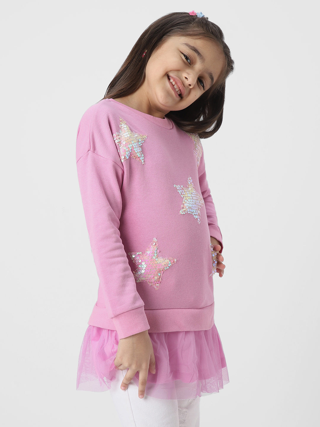 Girls Embellished Round Neck Pullover Sweatshirt With Skirt Detail