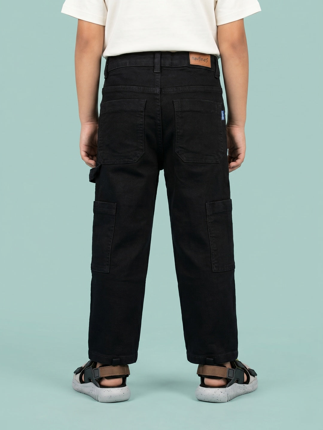 Nautinati Boys Pure Cotton Black Loose Fit Cargo Jeans