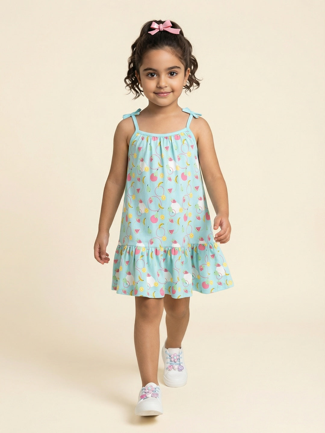 Nautinati  Girls Graphic Printed Relaxed Fit Tie-up Style Sleeveless Dress