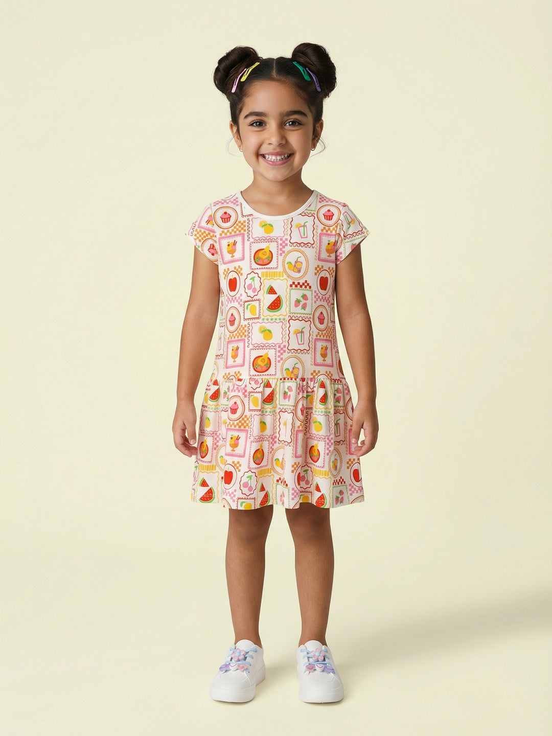 Nautinati Girls' 100% Cotton Pack of 2 A-line Drop Waist Dresses with Dessert theme Striped Graphic & All-over Print