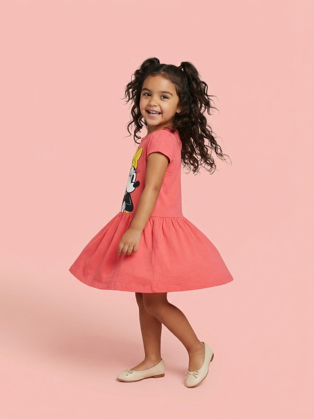 Nautinati Girls' 100% Cotton Disney Minnie Mouse Graphic Print Drop Waist A-line Dress