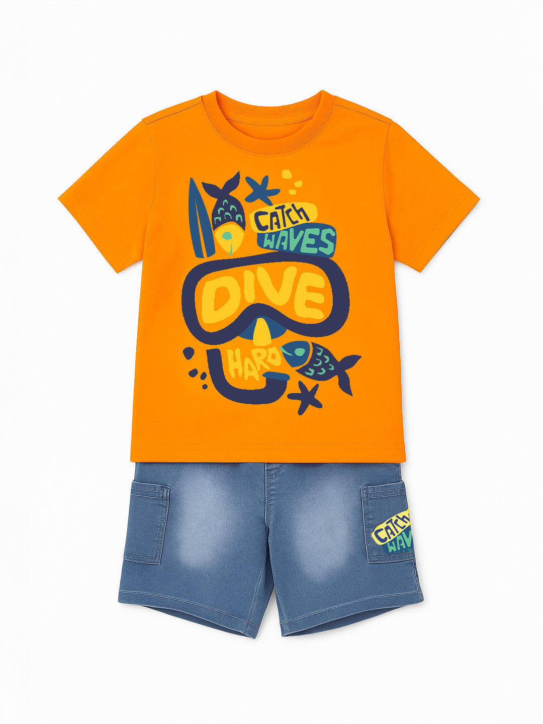 Nautinati Orange & Blue Cotton T-Shirt With Denim Shorts Set For Boys
