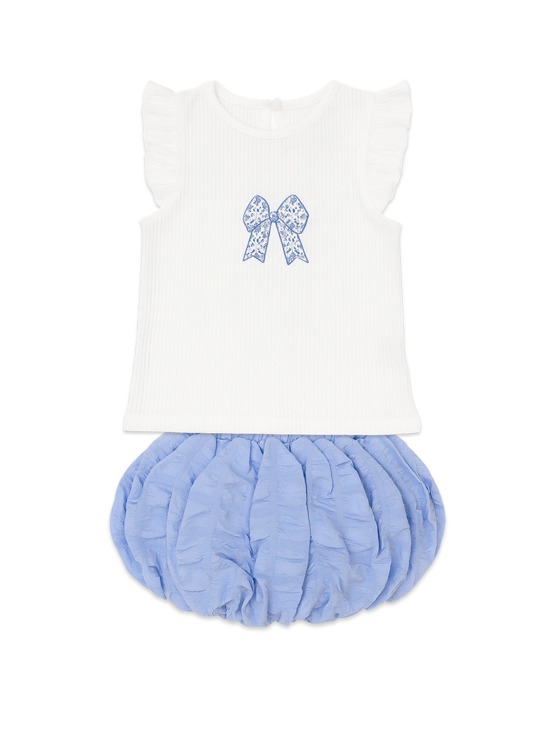 Nautinati White Printed Top And Blue Balloon Skirt For Girls