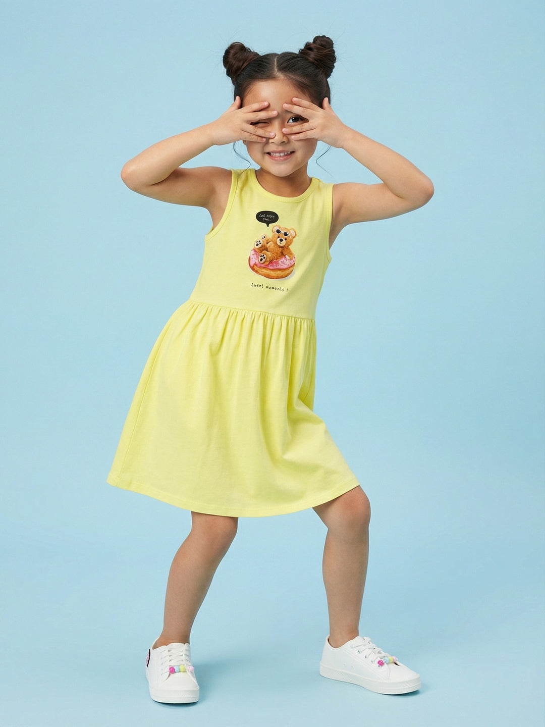 Nautinati Girls' 100% Cotton Pack of 2 Fit & Flare Dresses with Tropical-theme Teddy Graphic & Fruit All-over Print