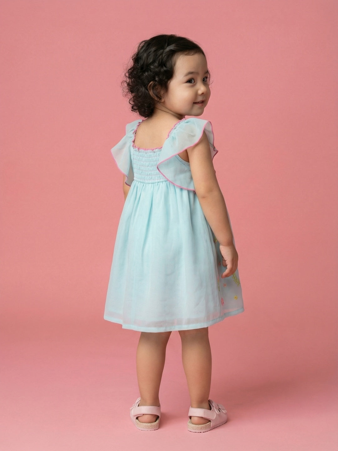 Nautinati Girls' Georgette Floral Embroidered Smocked A-Line Dress