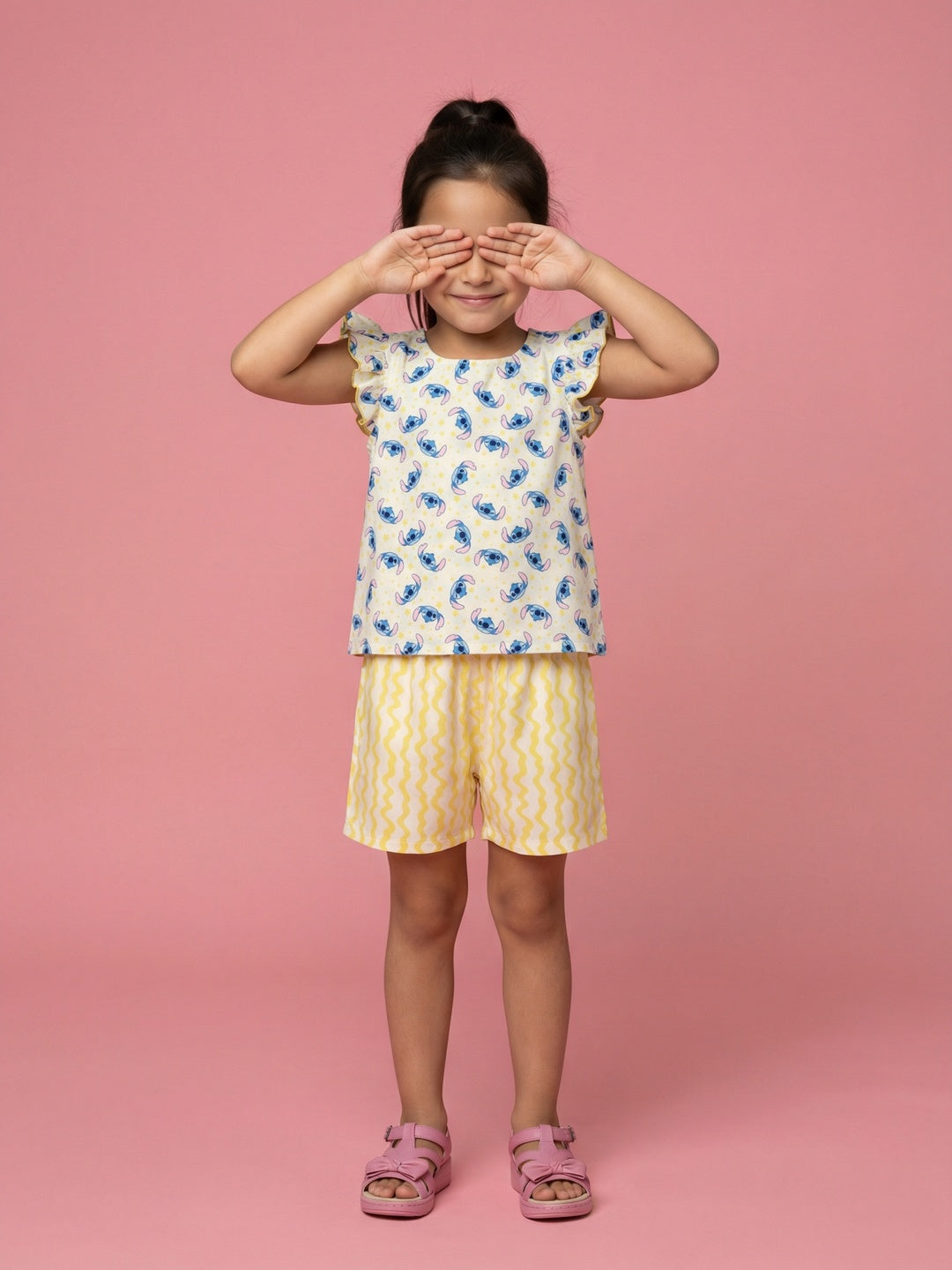 Nautinati Girls Lilo & Stich Printed Regular Fit Round Neck T-shirt and Shorts Clothing Set