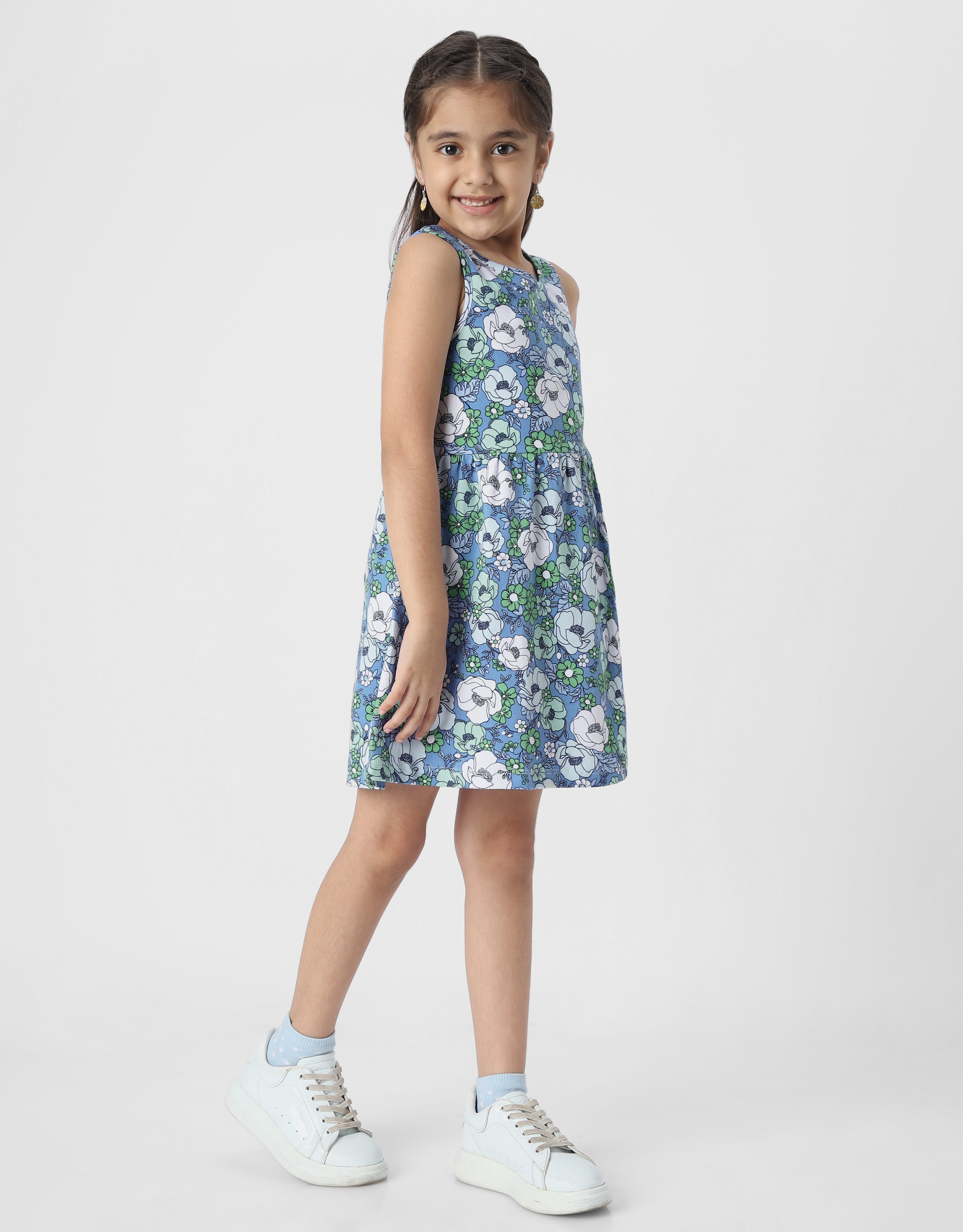 Girls Blue Floral Printed Sleeveless Round Neck A-Line Dress