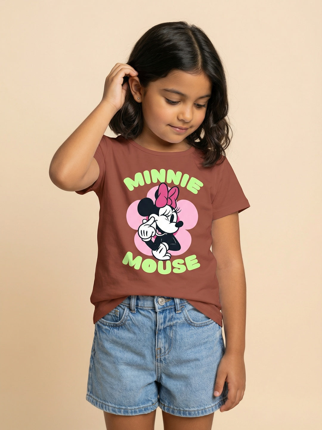 Nautinati Girls' 100% Cotton Crew Neck Disney Floral Minnie Mouse Placement Print T-shirt