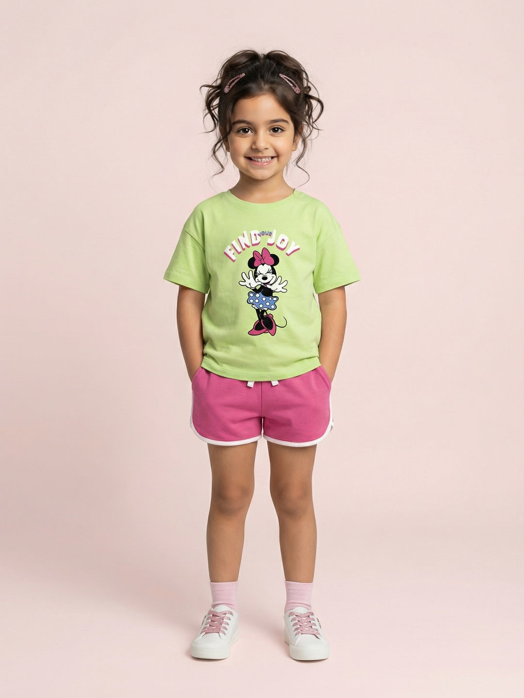 Nautinati Girls Minnie Mouse Printed Regular Fit Round Neck T-shirt and Shorts Co-ord Set