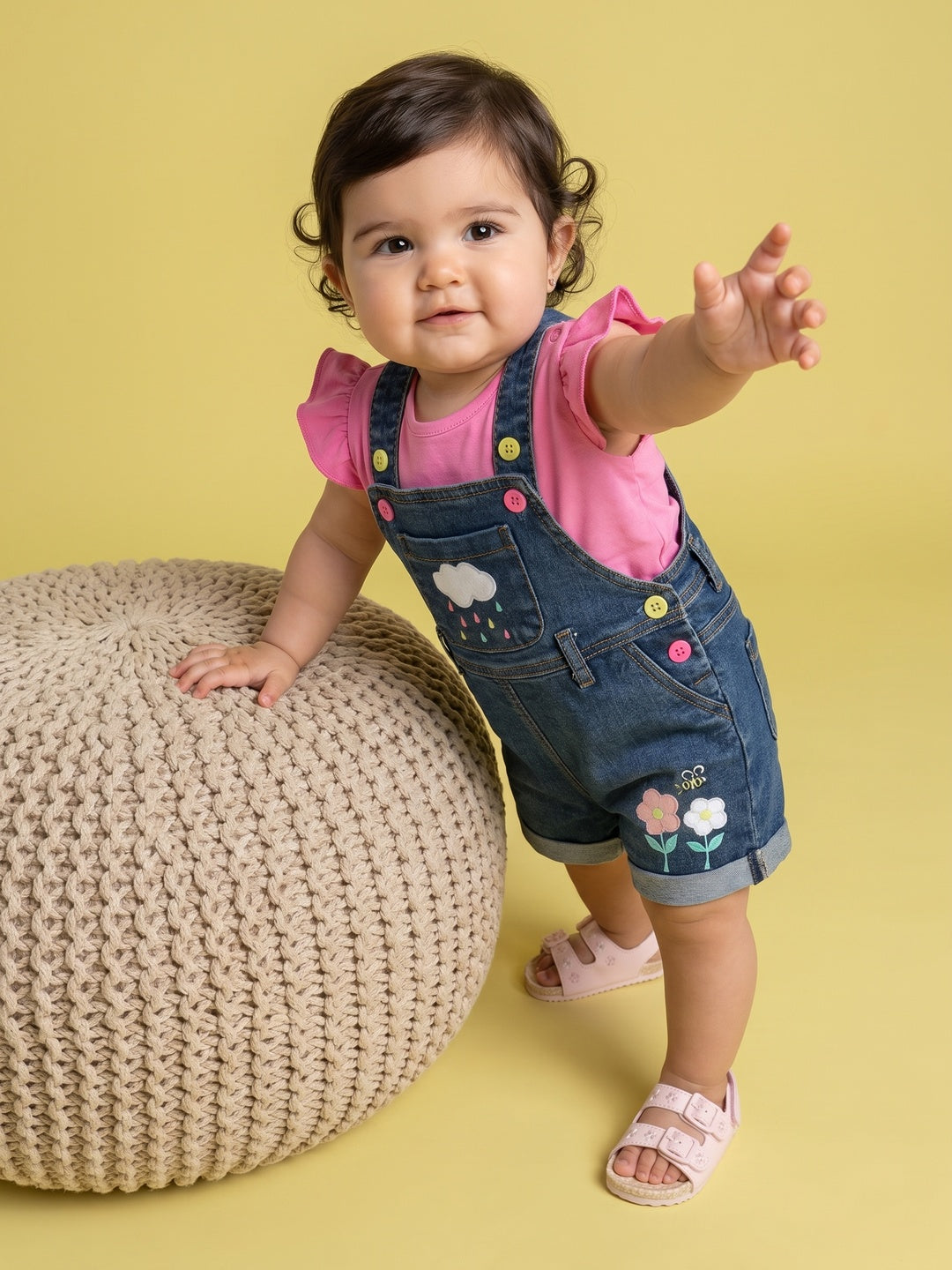Nautinati Girls' Cloud, Rain, bees & Flower Embroidered Denim Dungaree