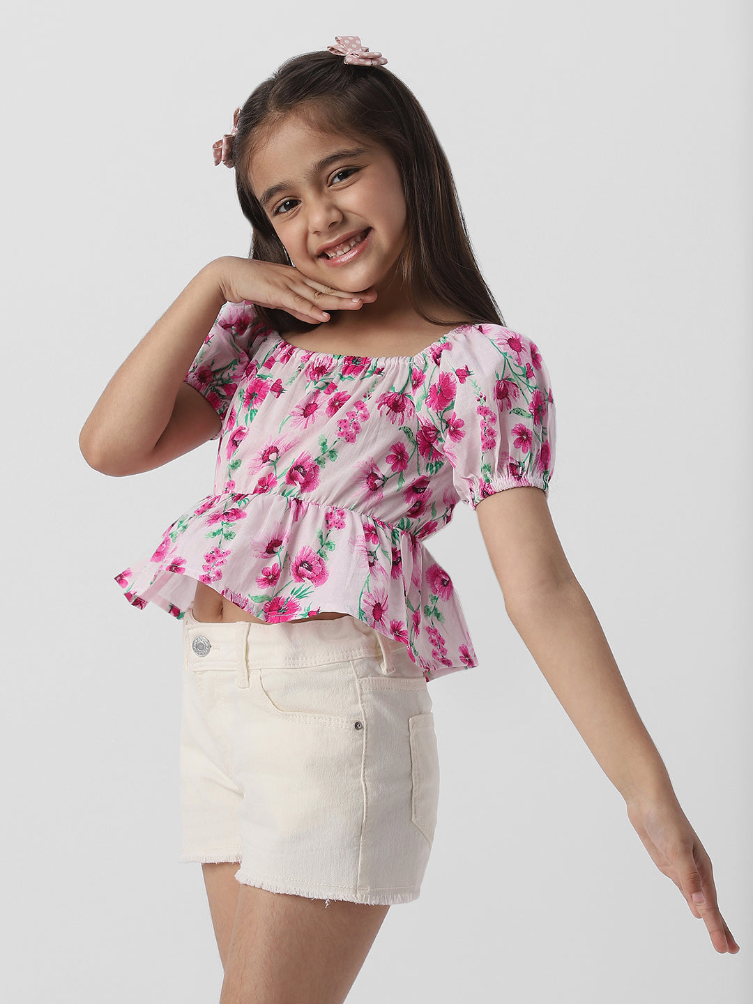 Nautinati Girls Floral Print Puff Sleeve Fit and Flare Top