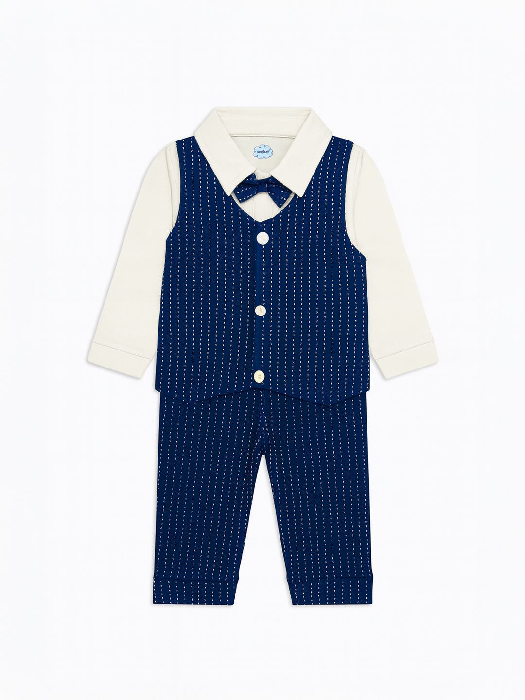 Nautinati Navy Blue And White Dotted Collared Romper With A Bow For Infant Boys