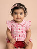 Nautinati Baby Girls Red and Pink Gingham Cherry Print Regular Fit Cotton Peplum Top and Shorts Clothing Set