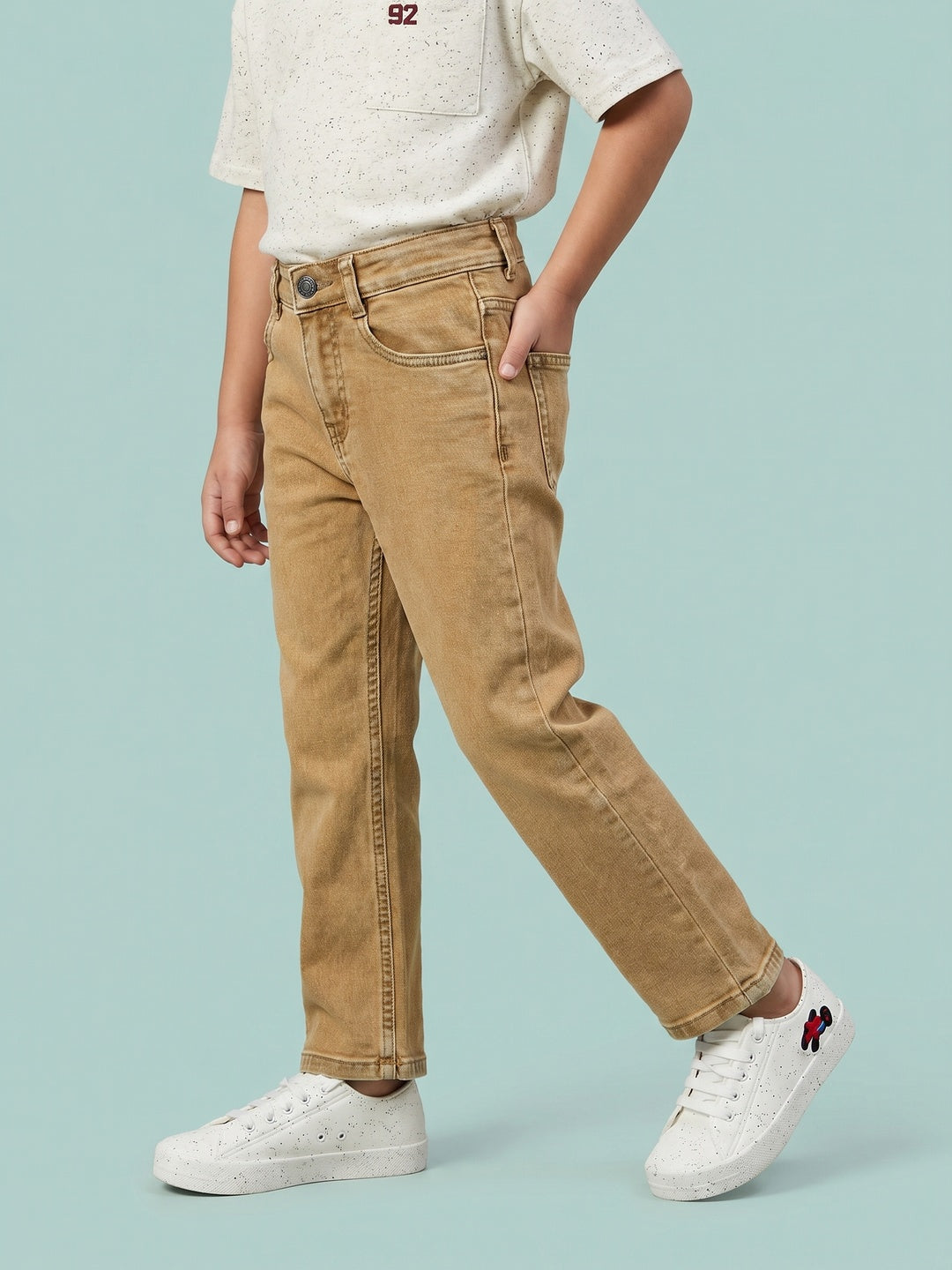 Nautinati Boys Pure Cotton Khaki Straight Fit Jeans