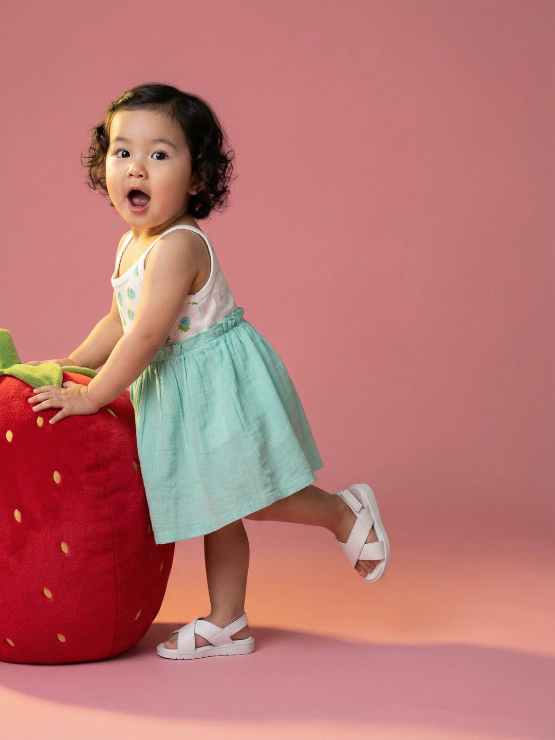 Nautinati Girls' 100% Cotton All-over Strawberry Print Fit & Flare Dress with Gathered Waistline