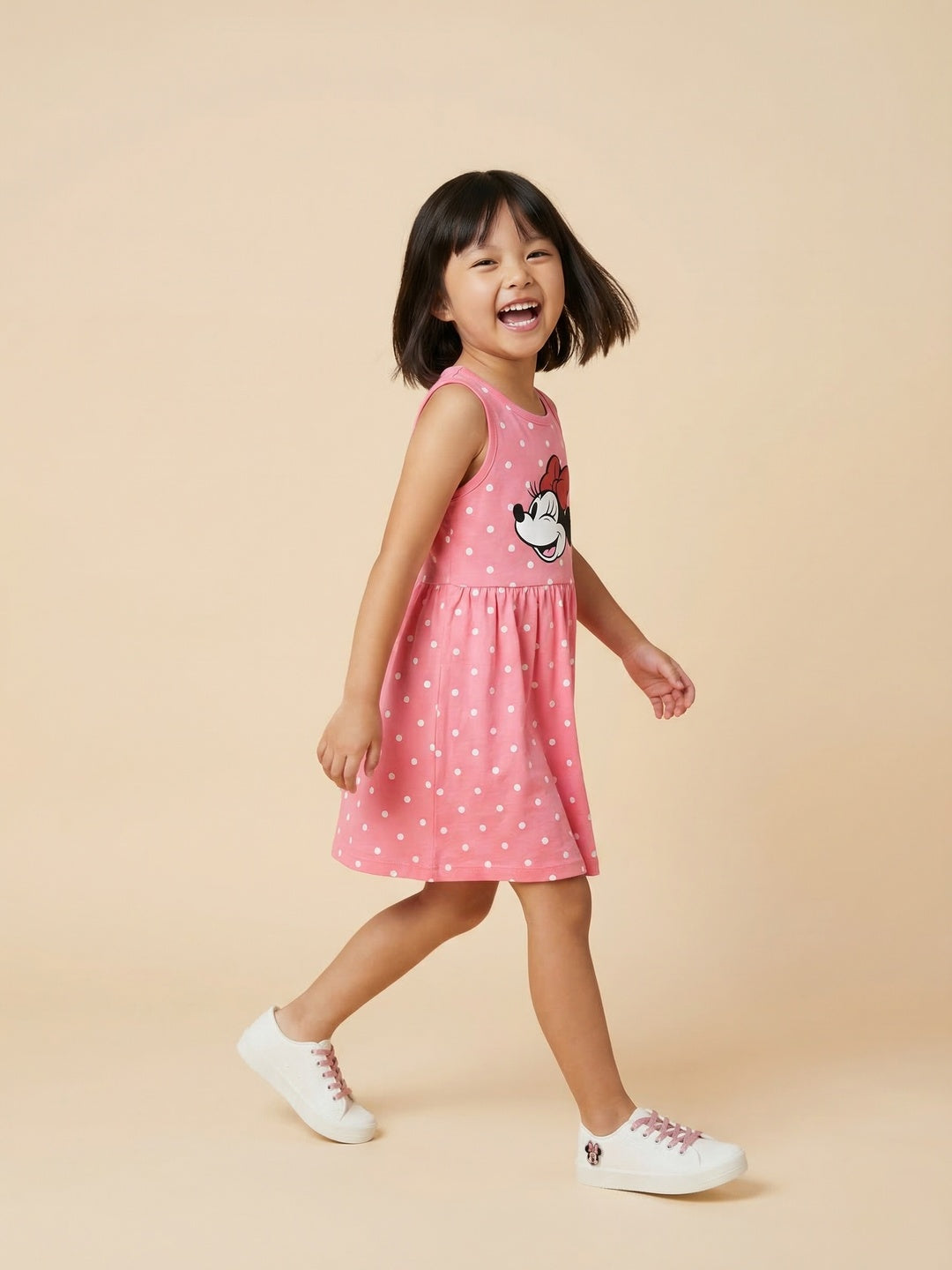 Nautinati Girls' 100% Cotton Disney Minnie Mouse Placement Print & Polka Dot Print Dress