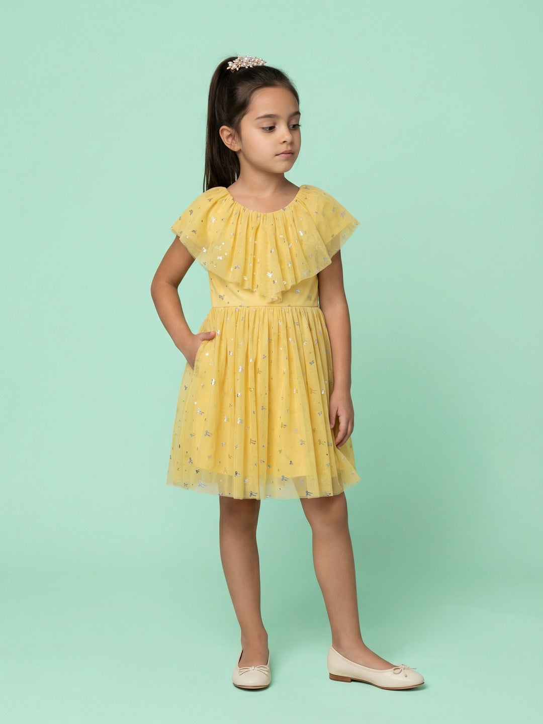 Nautinati Girls' Fit & Flare Holographic Foil Printed Mesh Party Dress